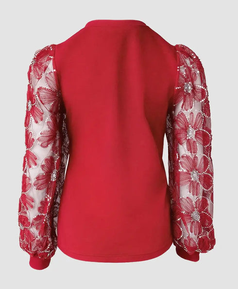 Lace Floral Open Front Long Sleeve Casual Button T-shirt red