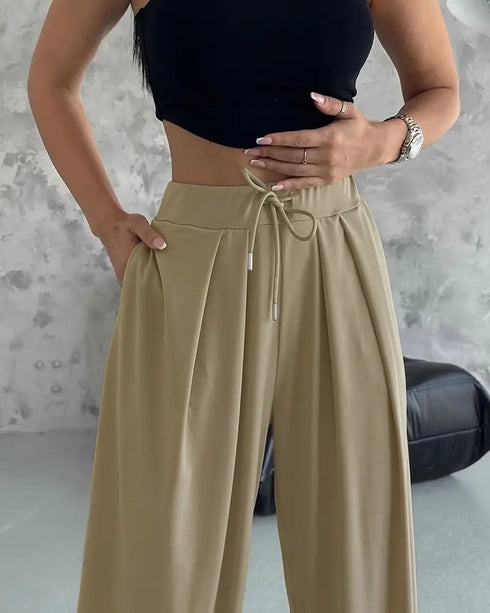 High Waist Elastic Dtrawstring Cuffed Pants Casual Loose Fit Ruched Pants coffee