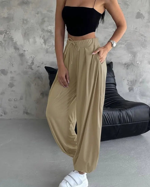 High Waist Elastic Dtrawstring Cuffed Pants Casual Loose Fit Ruched Pants coffee