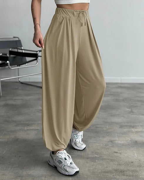 High Waist Elastic Dtrawstring Cuffed Pants Casual Loose Fit Ruched Pants coffee
