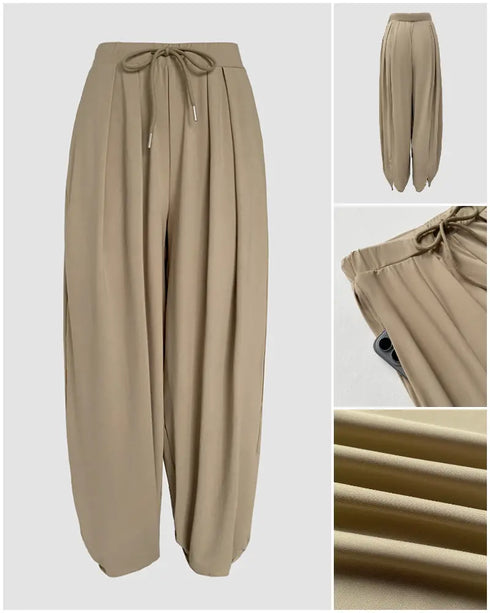 High Waist Elastic Dtrawstring Cuffed Pants Casual Loose Fit Ruched Pants coffee