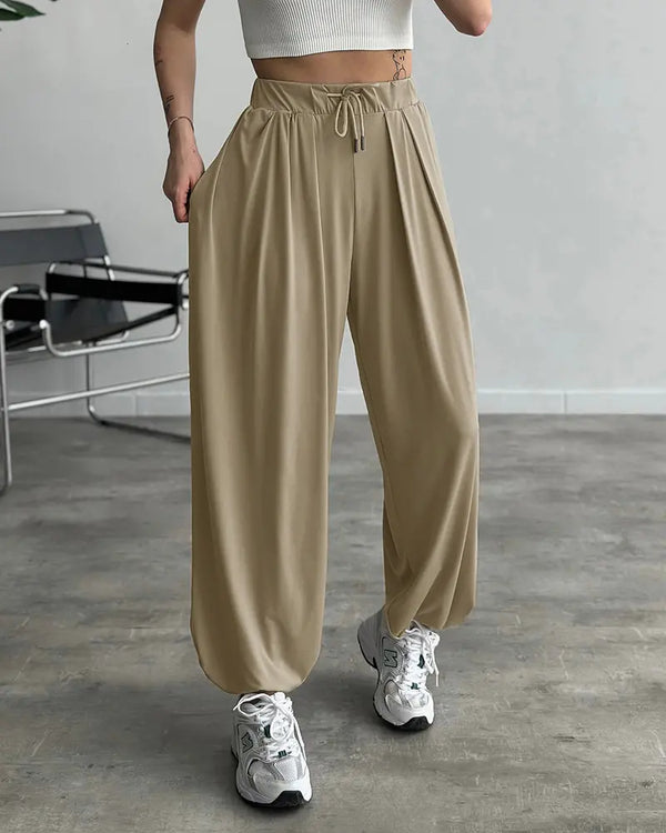 High Waist Elastic Dtrawstring Cuffed Pants Casual Loose Fit Ruched Pants coffee