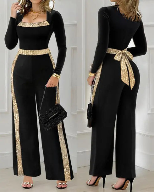 Sequin Bowknot Decor Contrast Sequin Paneled Square Neck Long Sleeve Jumpsuit Casual Cinched Waist Wide Leg Jumpsuit black