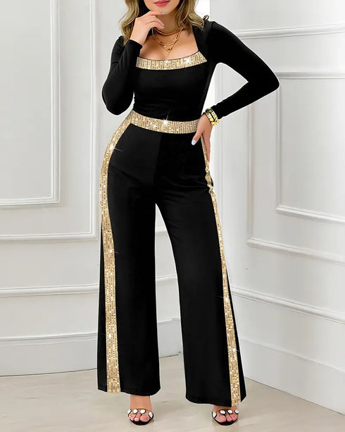 Sequin Bowknot Decor Contrast Sequin Paneled Square Neck Long Sleeve Jumpsuit Casual Cinched Waist Wide Leg Jumpsuit black