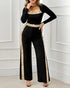 Sequin Bowknot Decor Contrast Sequin Paneled Square Neck Long Sleeve Jumpsuit Casual Cinched Waist Wide Leg Jumpsuit black