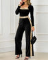 Sequin Bowknot Decor Contrast Sequin Paneled Square Neck Long Sleeve Jumpsuit Casual Cinched Waist Wide Leg Jumpsuit black