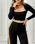 Sequin Bowknot Decor Contrast Sequin Paneled Square Neck Long Sleeve Jumpsuit Casual Cinched Waist Wide Leg Jumpsuit black