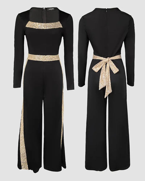 Sequin Bowknot Decor Contrast Sequin Paneled Square Neck Long Sleeve Jumpsuit Casual Cinched Waist Wide Leg Jumpsuit black