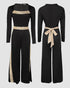 Sequin Bowknot Decor Contrast Sequin Paneled Square Neck Long Sleeve Jumpsuit Casual Cinched Waist Wide Leg Jumpsuit black
