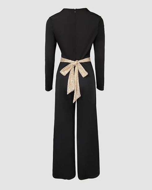 Sequin Bowknot Decor Contrast Sequin Paneled Square Neck Long Sleeve Jumpsuit Casual Cinched Waist Wide Leg Jumpsuit black