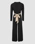 Sequin Bowknot Decor Contrast Sequin Paneled Square Neck Long Sleeve Jumpsuit Casual Cinched Waist Wide Leg Jumpsuit black