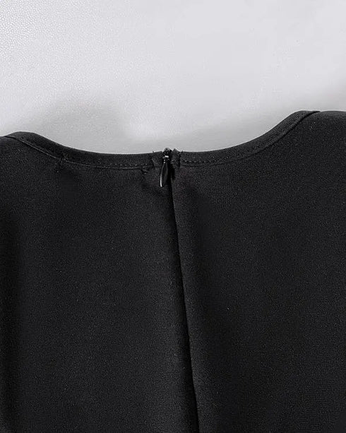 Sequin Bowknot Decor Contrast Sequin Paneled Square Neck Long Sleeve Jumpsuit Casual Cinched Waist Wide Leg Jumpsuit black