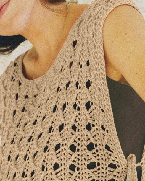Round Neck Sleeveless Hollow-out Crochet Sweater Casual Tie Side Breathable Crop Top khaki
