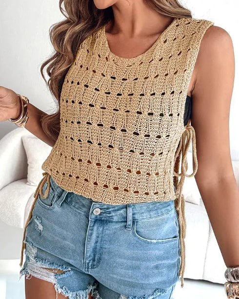 Round Neck Sleeveless Hollow-out Crochet Sweater Casual Tie Side Breathable Crop Top khaki