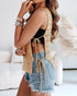 Round Neck Sleeveless Hollow-out Crochet Sweater Casual Tie Side Breathable Crop Top khaki