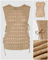 Round Neck Sleeveless Hollow-out Crochet Sweater Casual Tie Side Breathable Crop Top khaki