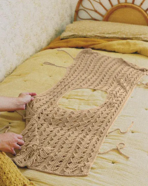 Round Neck Sleeveless Hollow-out Crochet Sweater Casual Tie Side Breathable Crop Top khaki