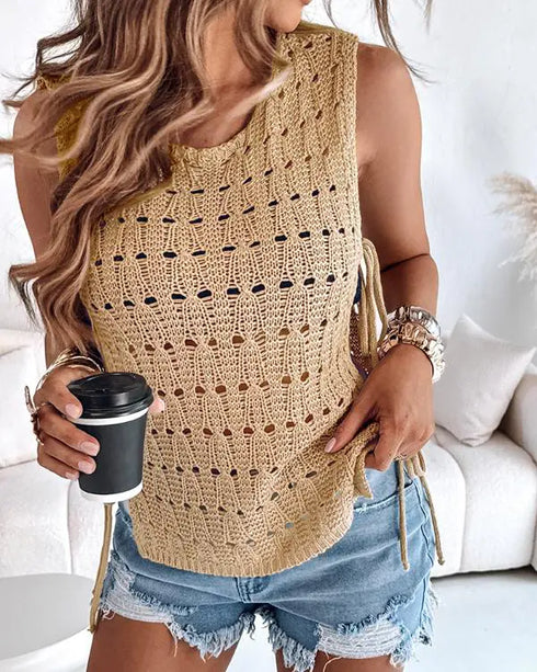 Round Neck Sleeveless Hollow-out Crochet Sweater Casual Tie Side Breathable Crop Top khaki