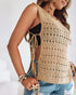 Round Neck Sleeveless Hollow-out Crochet Sweater Casual Tie Side Breathable Crop Top khaki