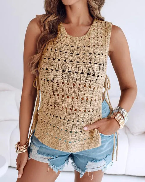 Round Neck Sleeveless Hollow-out Crochet Sweater Casual Tie Side Breathable Crop Top khaki