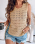 Round Neck Sleeveless Hollow-out Crochet Sweater Casual Tie Side Breathable Crop Top khaki