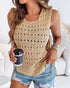 Round Neck Sleeveless Hollow-out Crochet Sweater Casual Tie Side Breathable Crop Top khaki