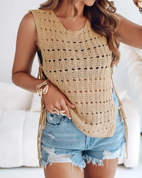 Round Neck Sleeveless Hollow-out Crochet Sweater Casual Tie Side Breathable Crop Top khaki