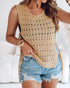 Round Neck Sleeveless Hollow-out Crochet Sweater Casual Tie Side Breathable Crop Top khaki
