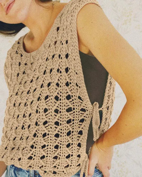 Round Neck Sleeveless Hollow-out Crochet Sweater Casual Tie Side Breathable Crop Top khaki