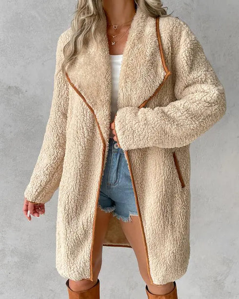 Contrast Binding Lapel Teddy Coat Open Front Longline Winter Outwear Jackets with Pockets Apricot
