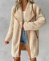 Contrast Binding Lapel Teddy Coat Open Front Longline Winter Outwear Jackets with Pockets Apricot