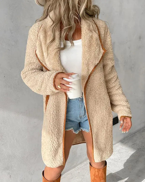 Contrast Binding Lapel Teddy Coat Open Front Longline Winter Outwear Jackets with Pockets Apricot