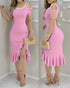 Cold Shoulder Beaded Slit Bodycon Dress Ruffle Hem Zipper Back Party Dress light pink