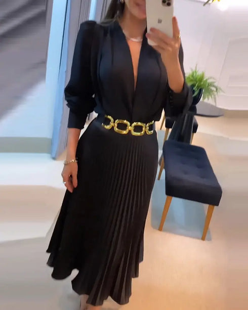 Elegant Women's Puff Long Sleeve V-neck Pleated Maxi Dress Dinner Dress (Without Belt) black