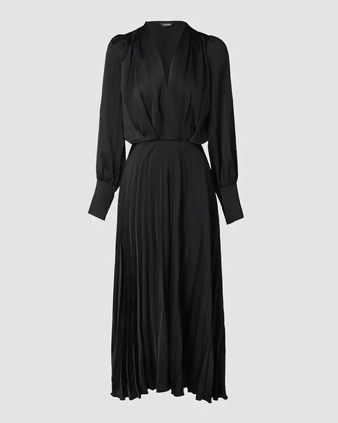 Elegant Women's Puff Long Sleeve V-neck Pleated Maxi Dress Dinner Dress (Without Belt) black