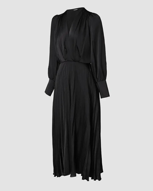 Ombre Plunge Pleated Midi Dress With Chain Decor Belt black