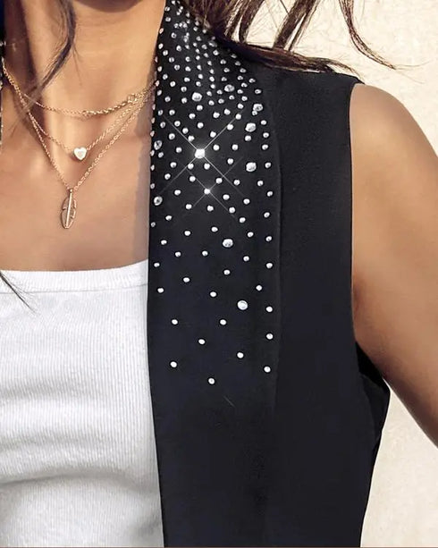 Rhinestone Decor Shawl Collar Long Sleeve Blazer Coat black