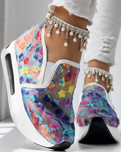 Casual Peep Toe Elastic Strap Slope Heel Sneaker purple