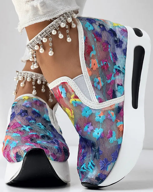 Casual Peep Toe Elastic Strap Slope Heel Sneaker purple