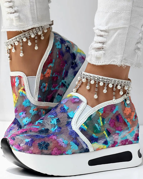 Casual Peep Toe Elastic Strap Slope Heel Sneaker purple