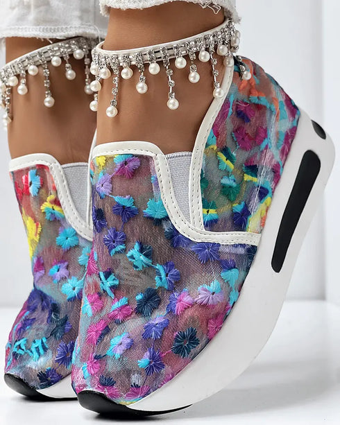 Casual Peep Toe Elastic Strap Slope Heel Sneaker purple