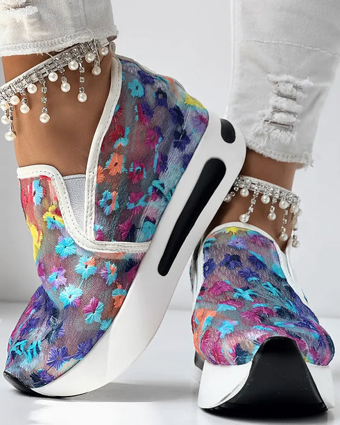 Casual Peep Toe Elastic Strap Slope Heel Sneaker purple