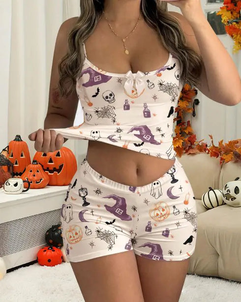 Bowknot Decor Heart & Plaid Print V Neck Adjustable Spaghetti Straps Nightgown Sexy Slim Fit Asymmetrical Hem Night Dress with Matching Panties Apricot