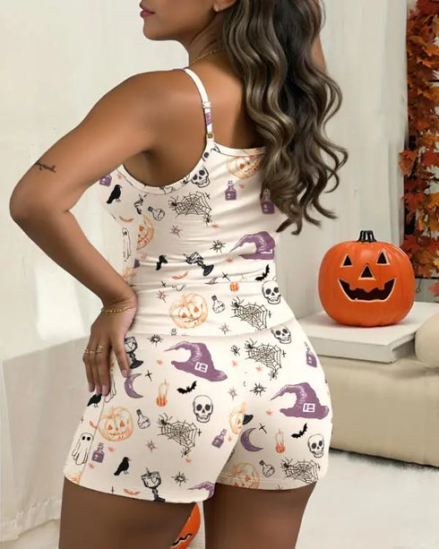 2 Pieces Outfit Bowknot Decor Graphic Print U-Neck Adjustable Spaghetti Straps Cami Top and Elastic Waist Shorts Set Casual Pajamas Set Apricot