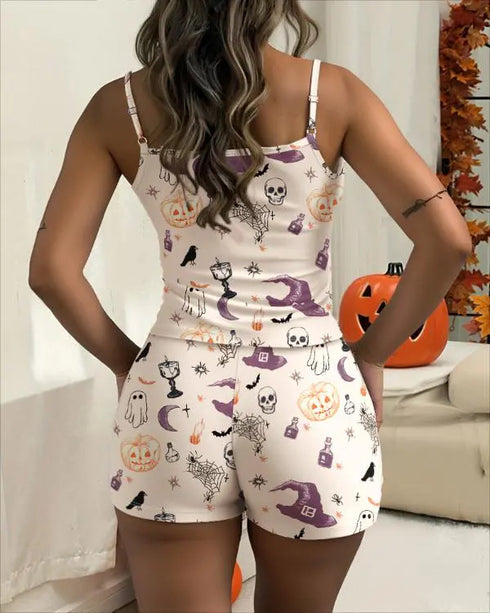 2 Pieces Outfit Bowknot Decor Graphic Print U-Neck Adjustable Spaghetti Straps Cami Top and Elastic Waist Shorts Set Casual Pajamas Set Apricot