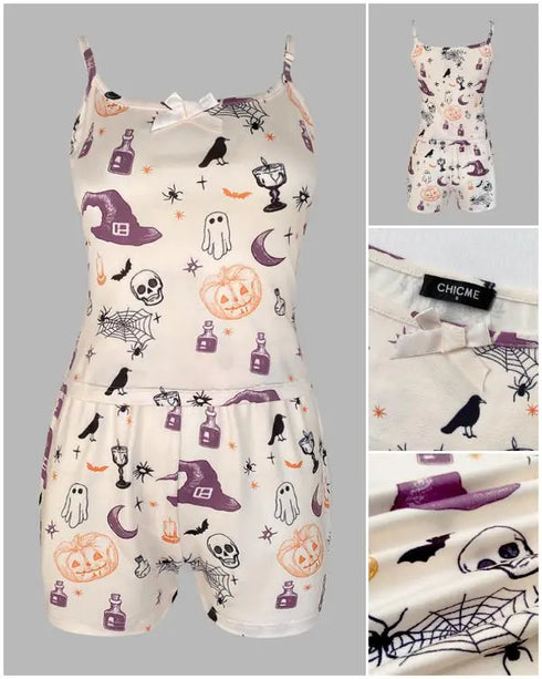 2 Pieces Outfit Spaghetti Strap Bowknot Decor Tank Top and Casual Floral Print Skinny Shorts Set Apricot