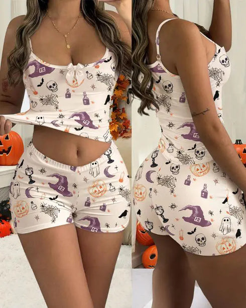 2 Pieces Outfit Bowknot Decor Graphic Print U-Neck Adjustable Spaghetti Straps Cami Top and Elastic Waist Shorts Set Casual Pajamas Set Apricot