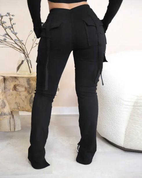 Zipper Design Crop Hoodie & Drawstring V-cut Waistline Cargo Joggers Sweatpants Set black