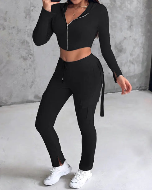 Zipper Design Crop Hoodie & Drawstring V-cut Waistline Cargo Joggers Sweatpants Set black
