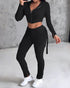 Zipper Design Crop Hoodie & Drawstring V-cut Waistline Cargo Joggers Sweatpants Set black